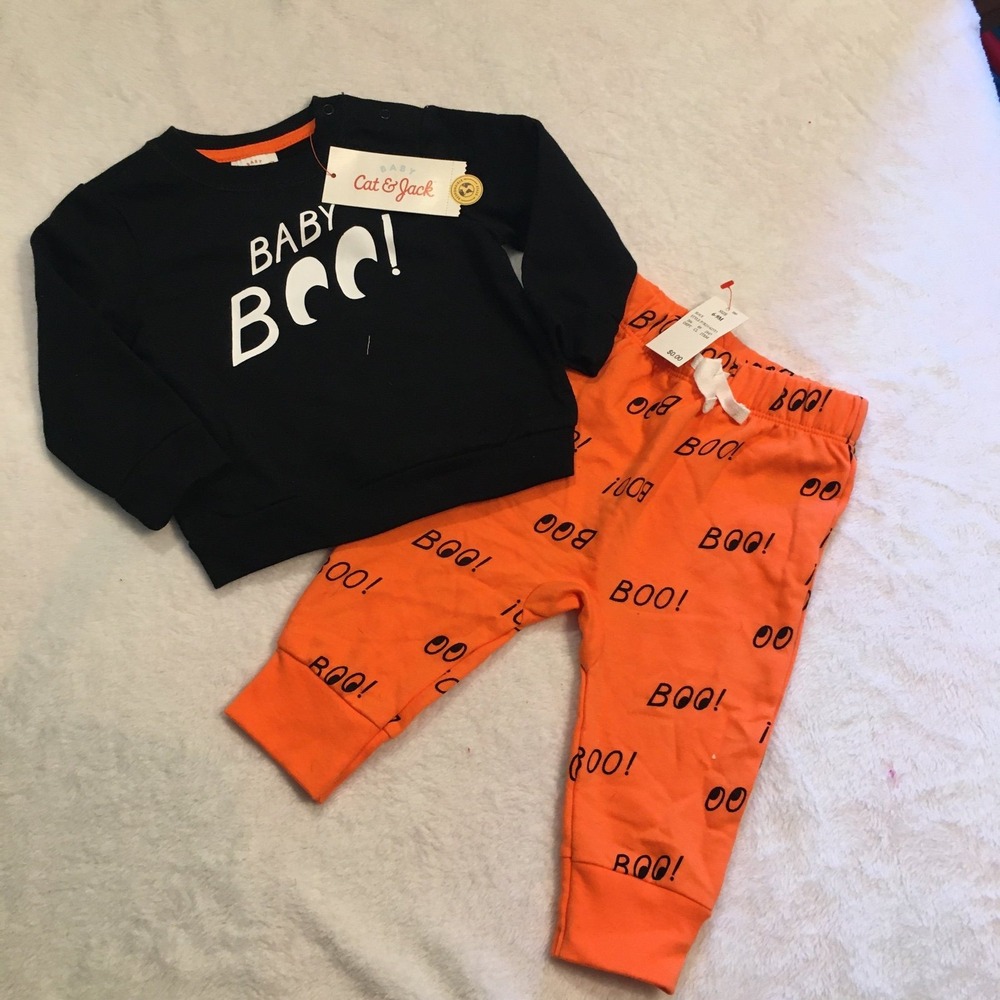 Cat & Jack Outfit Set Kids 6-9M Black Orange New Halloween Baby Boo Ghost Print